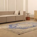 Vintage Manisa Turkish Area Rug 6x8 ft — Blue & Beige Distressed