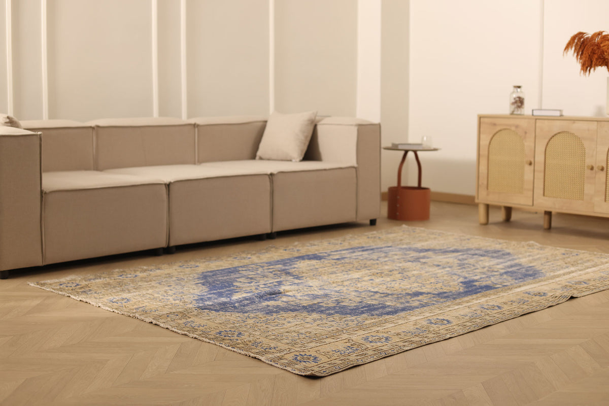 Vintage Manisa Turkish Area Rug 6x8 ft — Blue & Beige Distressed