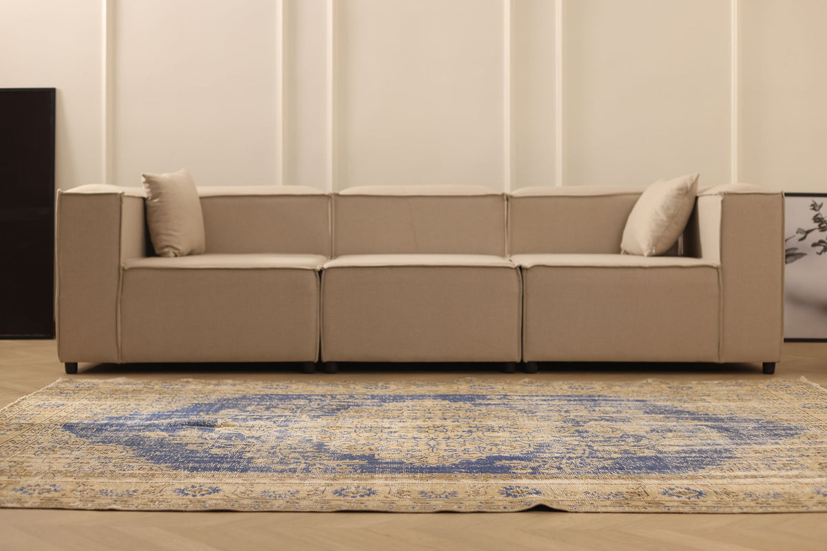 Vintage Manisa Turkish Area Rug 6x8 ft — Blue & Beige Distressed