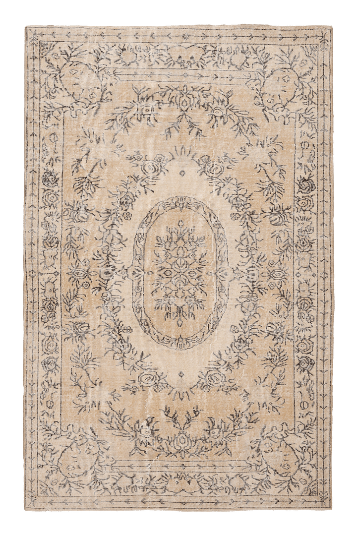Vintage Isparta Turkish Area Rug 5x8 ft — Beige & Gray Floral