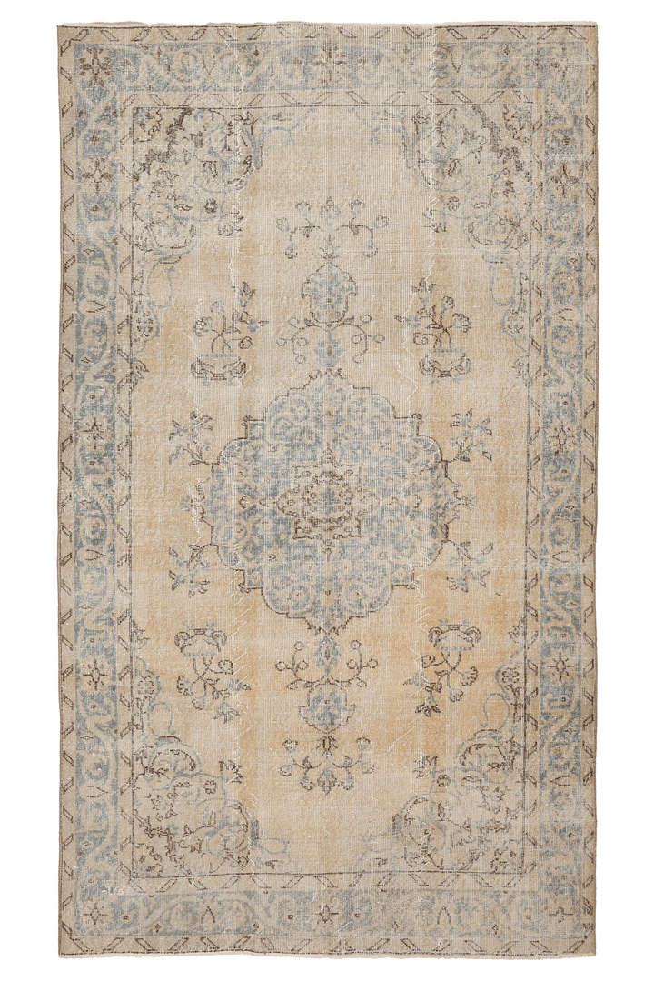 Vintage Isparta Turkish Area Rug 5x8 ft — Beige & Blue Floral (No. 39309)