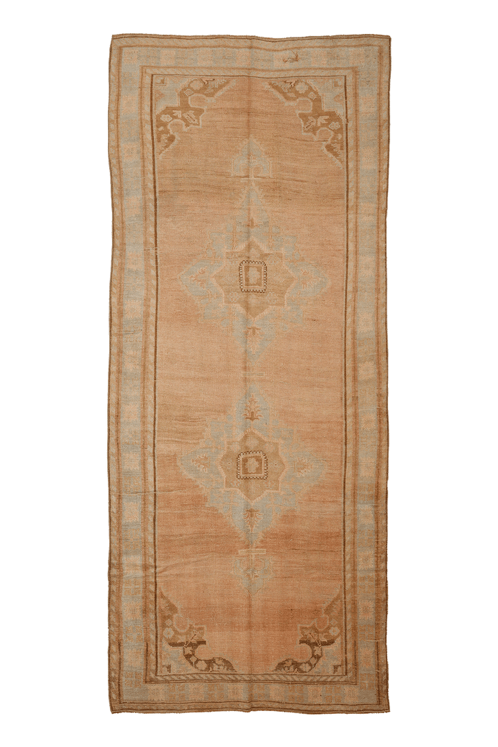 Vintage Sivas Turkish Area Rug 5x12 ft — Orange & Blue Geometric