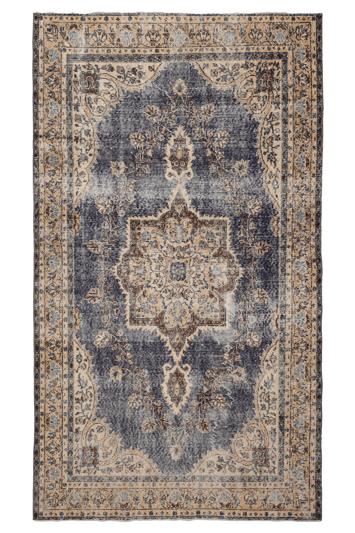 Vintage Isparta Turkish Area Rug 5x9 ft — Blue & Beige Floral