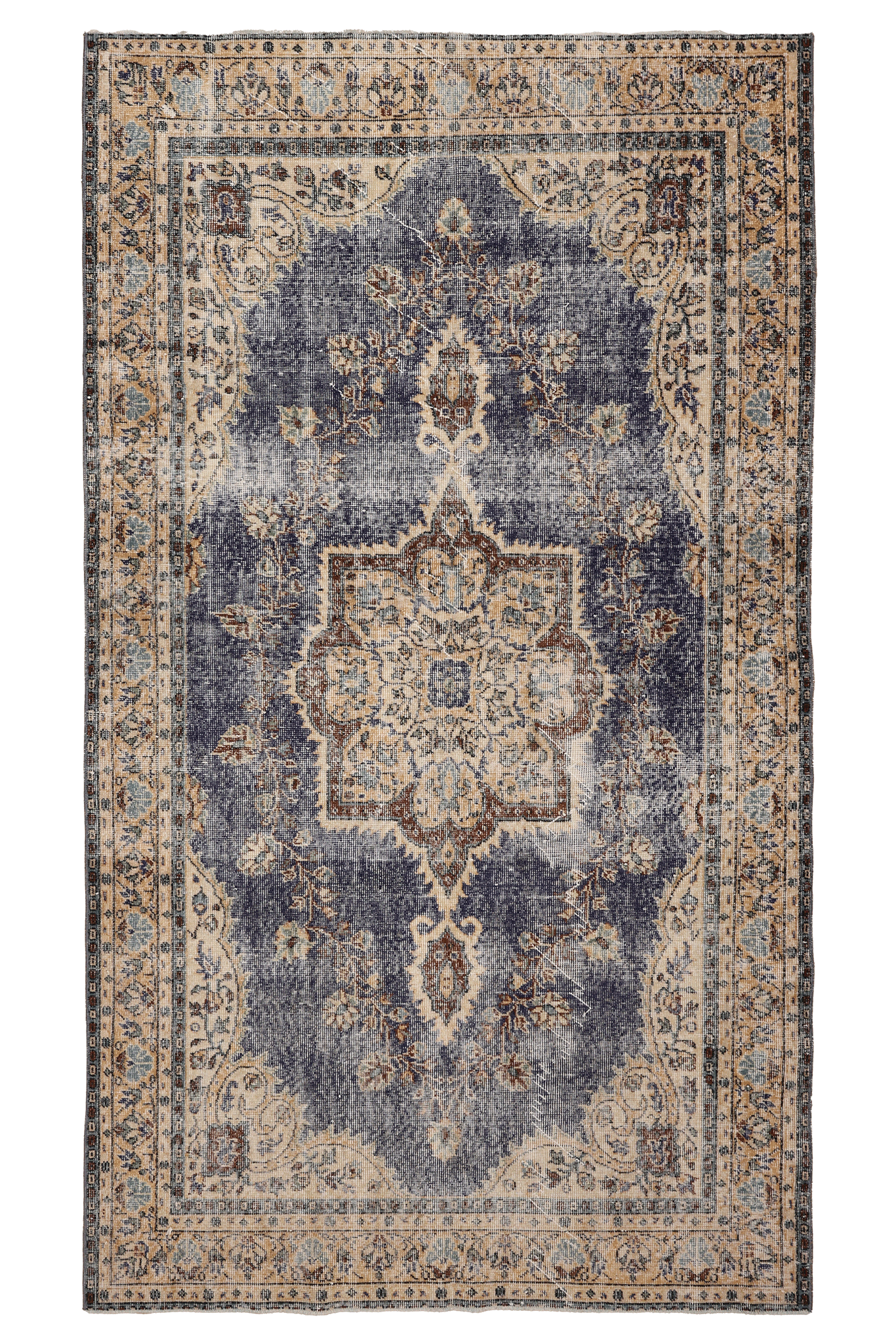 Vintage Isparta Turkish Area Rug 5x9 ft — Blue & Beige Floral