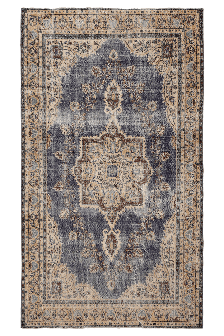 Vintage Isparta Turkish Area Rug 5x9 ft — Blue & Beige Floral