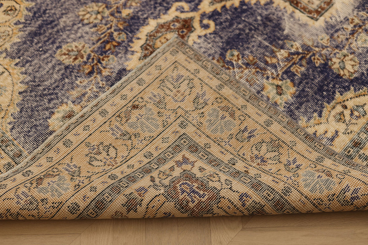 Vintage Isparta Turkish Area Rug 5x9 ft — Blue & Beige Floral