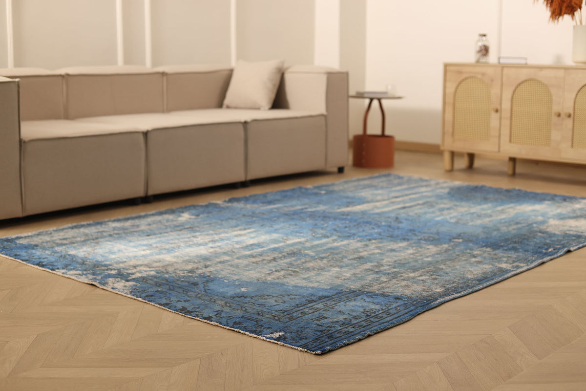 Vintage Isparta Turkish Area Rug 6x10 ft — Blue & Gray Overdyed (No. 39332)