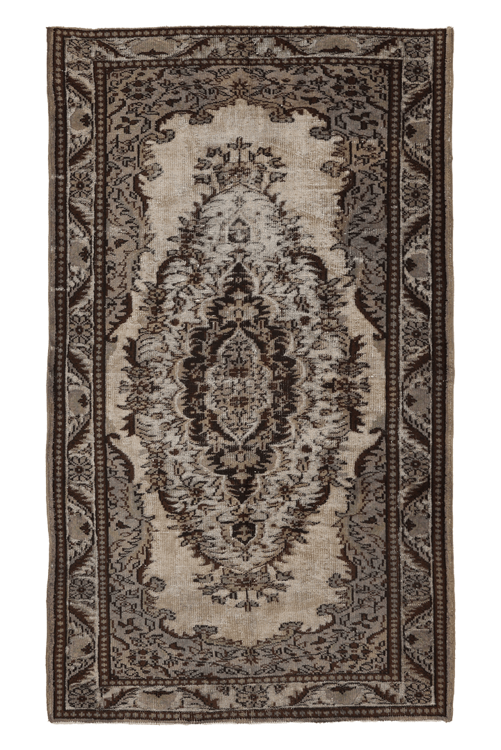 Vintage Manisa Turkish Area Rug 5x9 ft — Beige & Brown Floral (No. 39333)