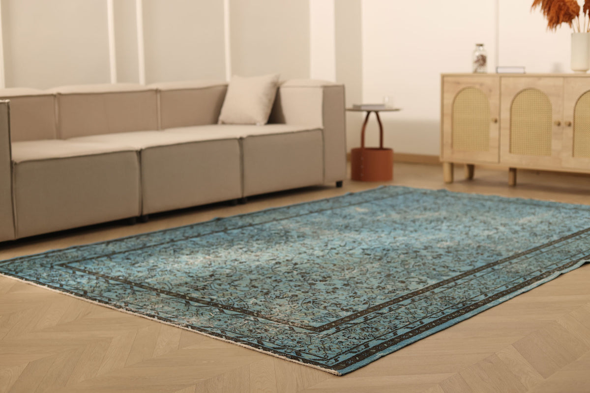 Vintage Isparta Turkish Area Rug 6x10 ft — Blue & Gray Overdyed