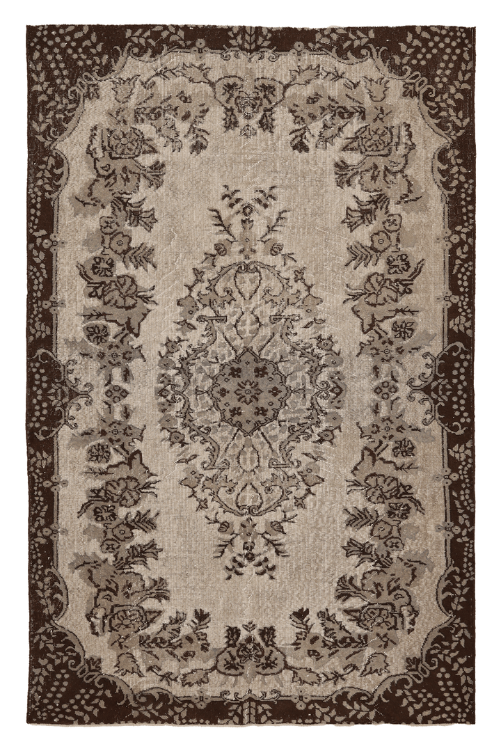 Vintage Isparta Turkish Area Rug 5x9 ft — Beige & Brown Floral (No. 39340)