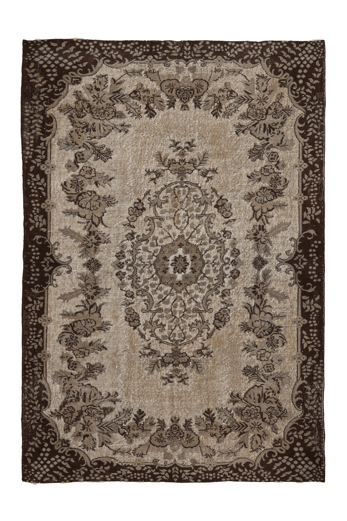 Vintage Isparta Turkish Area Rug 6x9 ft — Beige & Brown Floral (No. 39345)