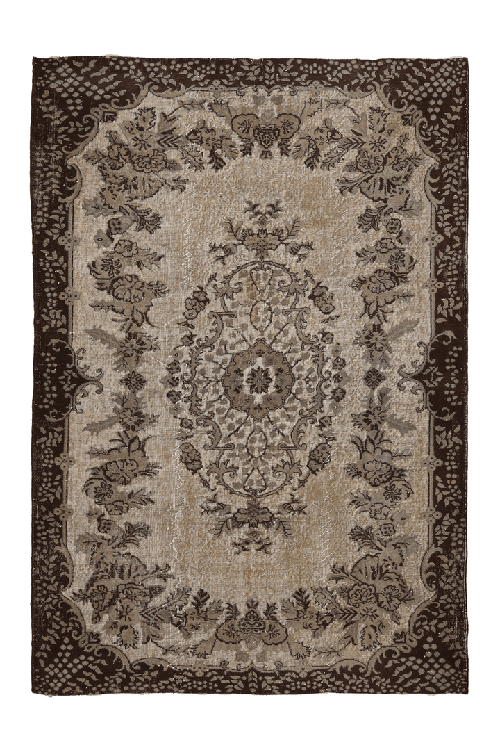 Vintage Isparta Turkish Area Rug 6x9 ft — Beige & Brown Floral (No. 39345)