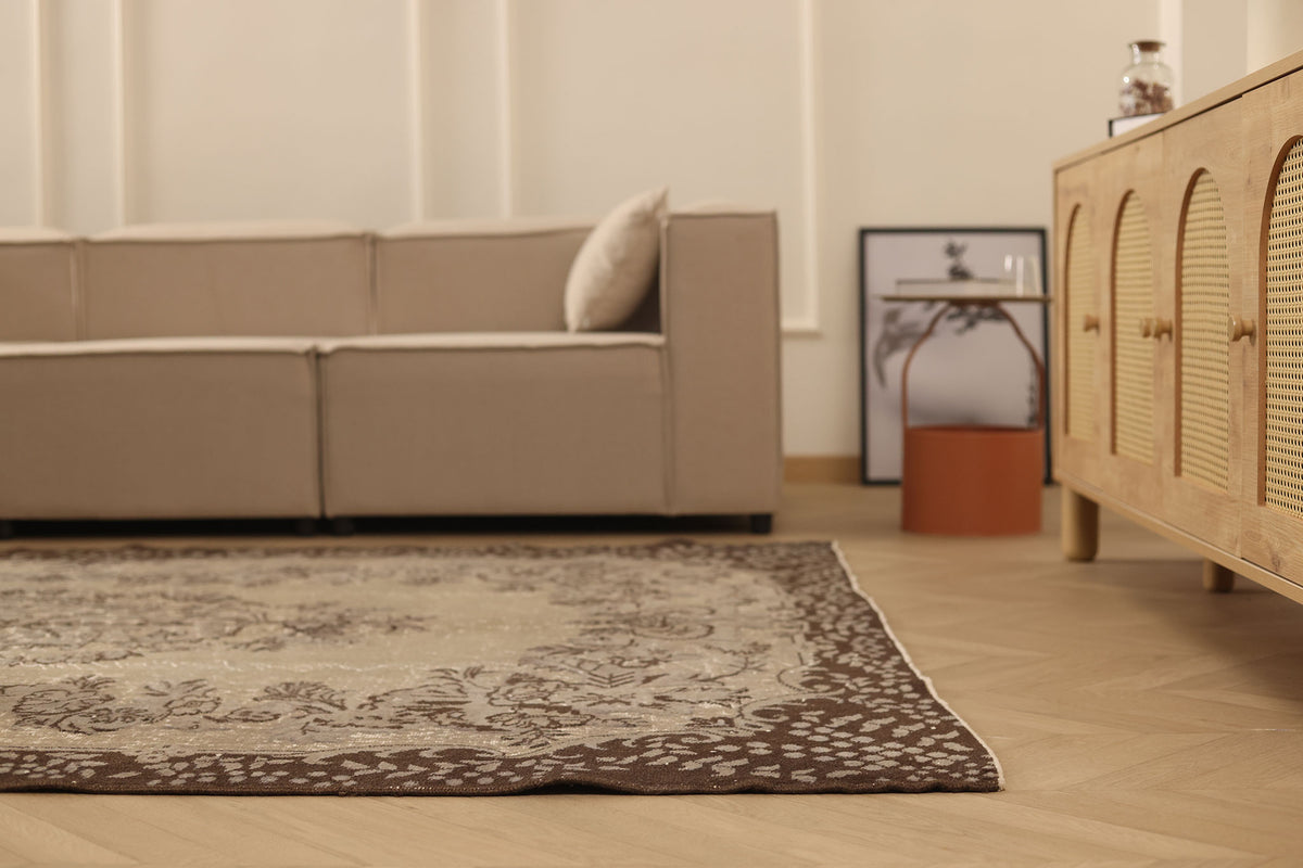 Vintage Isparta Turkish Area Rug 6x9 ft — Beige & Brown Floral (No. 39345)