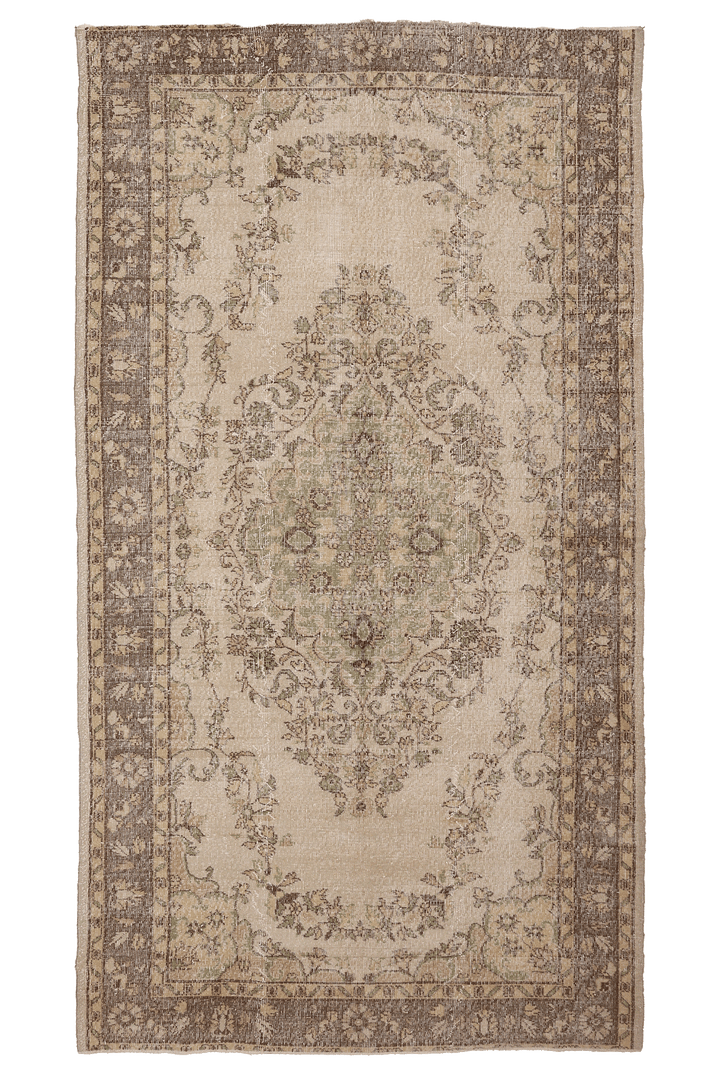 Vintage Isparta Turkish Area Rug 5x9 ft — Beige & Brown Floral (No. 39538)