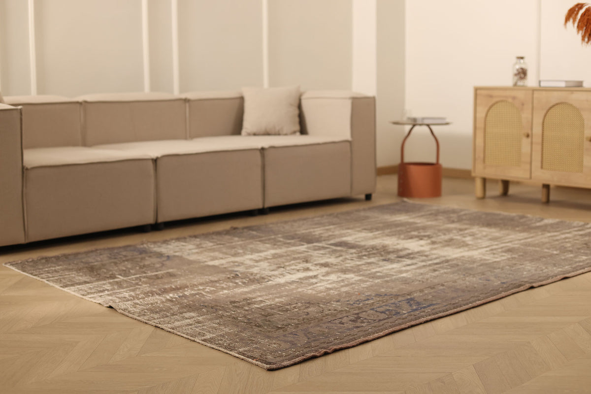 Vintage Manisa Turkish Area Rug 6x9 ft — Brown & Beige Distressed (No. 39549)