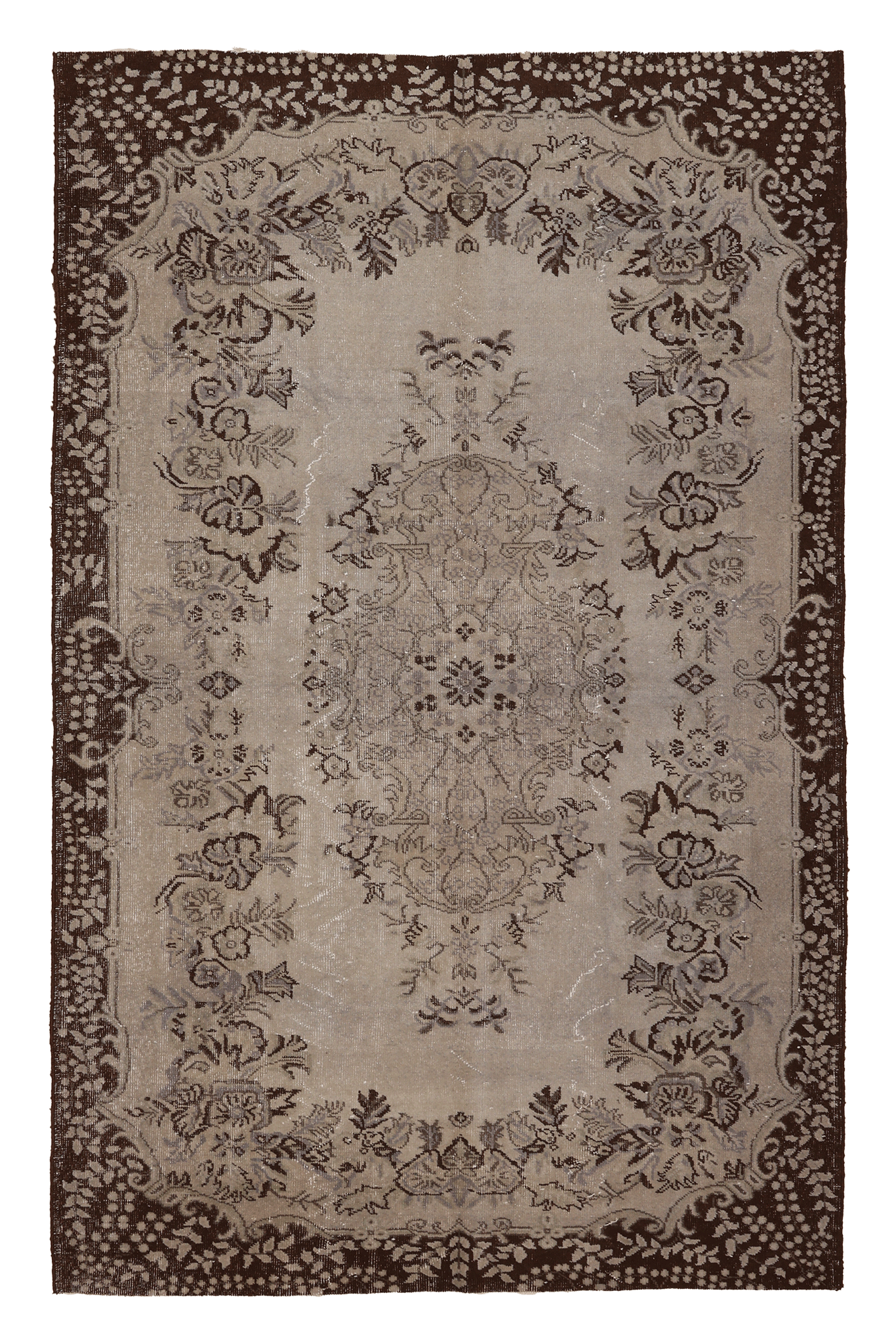 Vintage Isparta Turkish Area Rug 5x9 ft — Beige & Brown Floral (No. 39553)