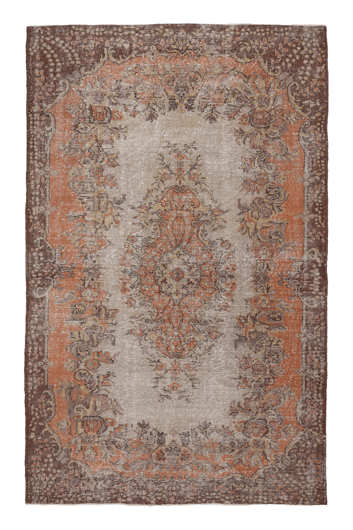 Vintage Isparta Turkish Area Rug 5x9 ft — Orange & Brown Floral