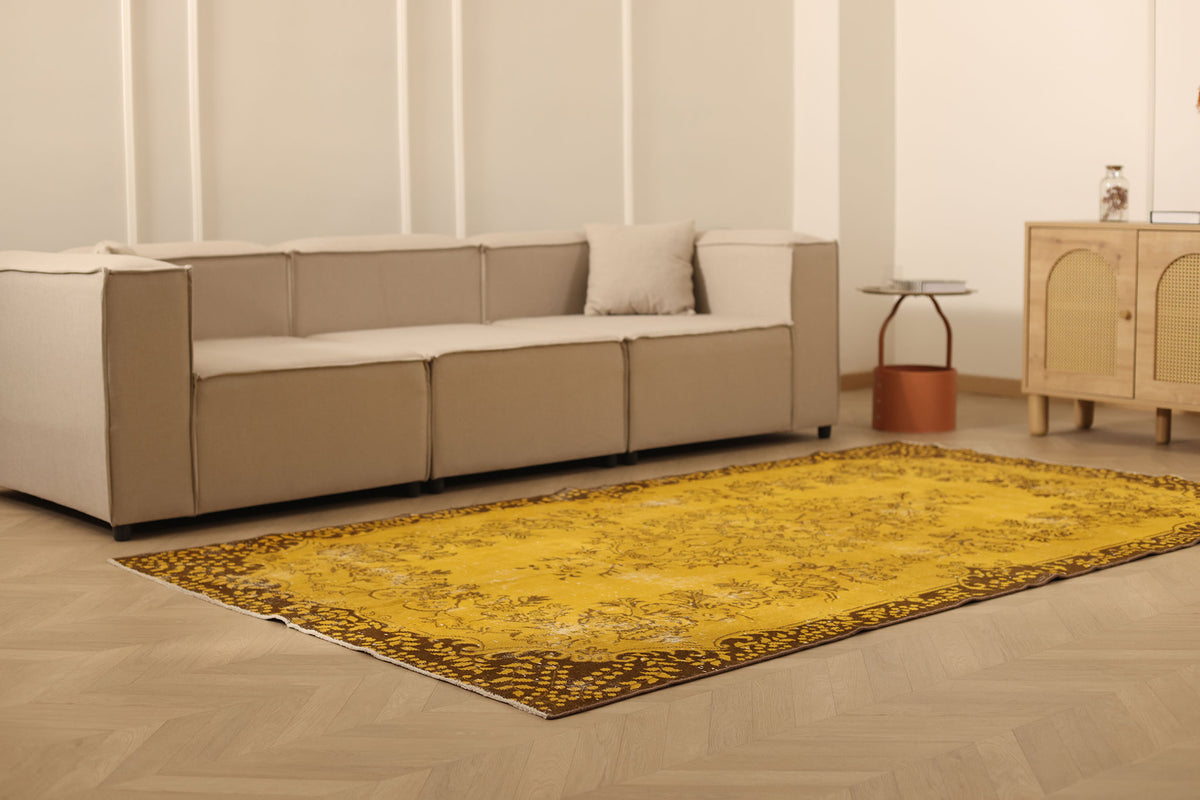 Vintage Isparta Turkish Area Rug 5x9 ft — Yellow & Brown Floral