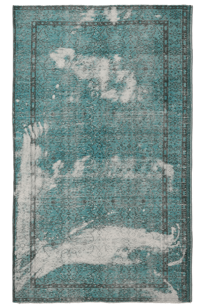 Vintage Manisa Turkish Area Rug 5x8 ft — Blue & White Overdyed