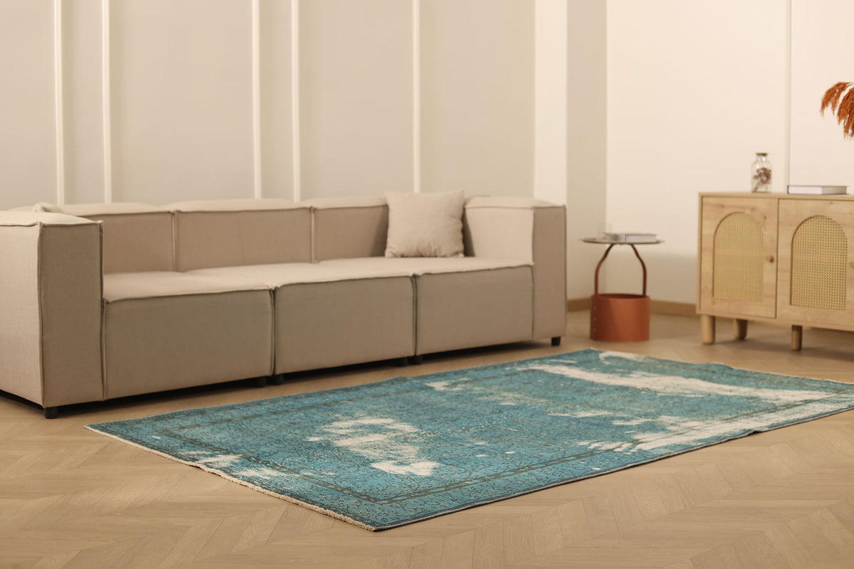 Vintage Manisa Turkish Area Rug 5x8 ft — Blue & White Overdyed