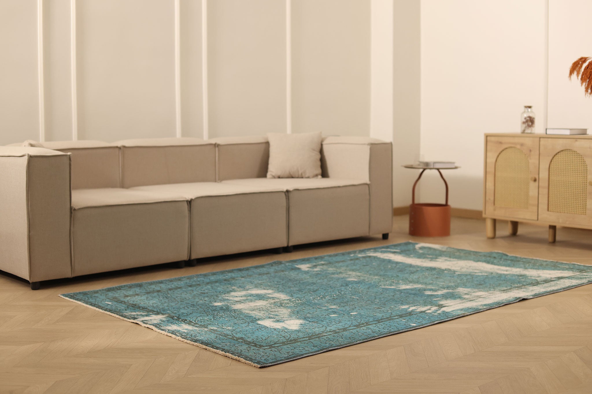 Vintage Manisa Turkish Area Rug 5x8 ft — Blue & White Overdyed