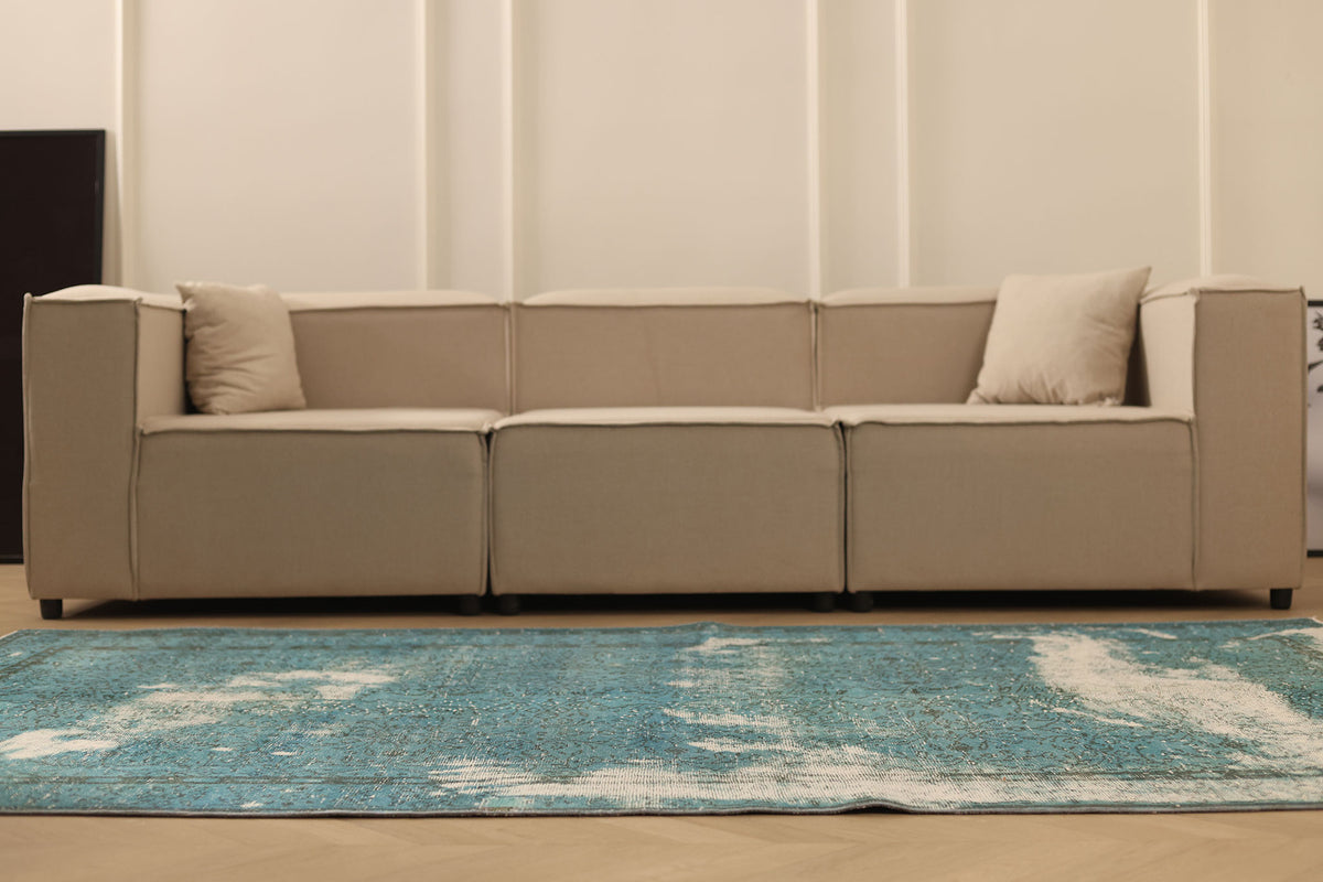 Vintage Manisa Turkish Area Rug 5x8 ft — Blue & White Overdyed