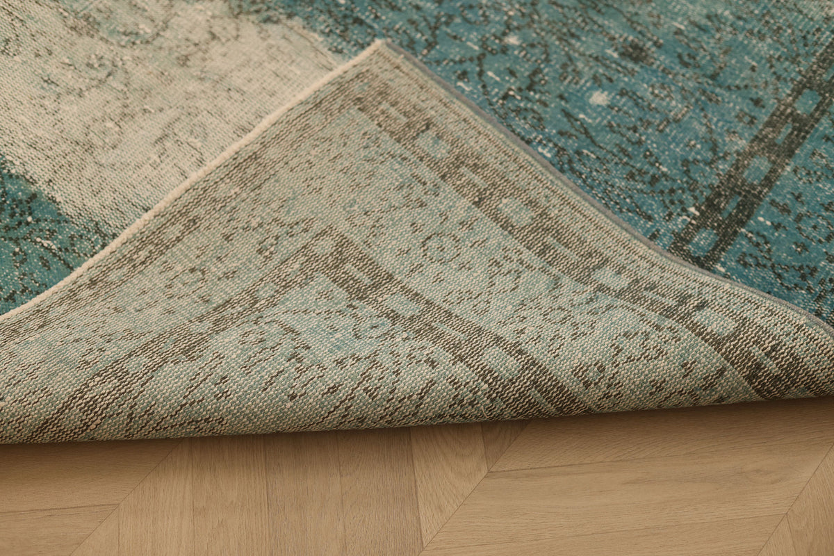 Vintage Manisa Turkish Area Rug 5x8 ft — Blue & White Overdyed