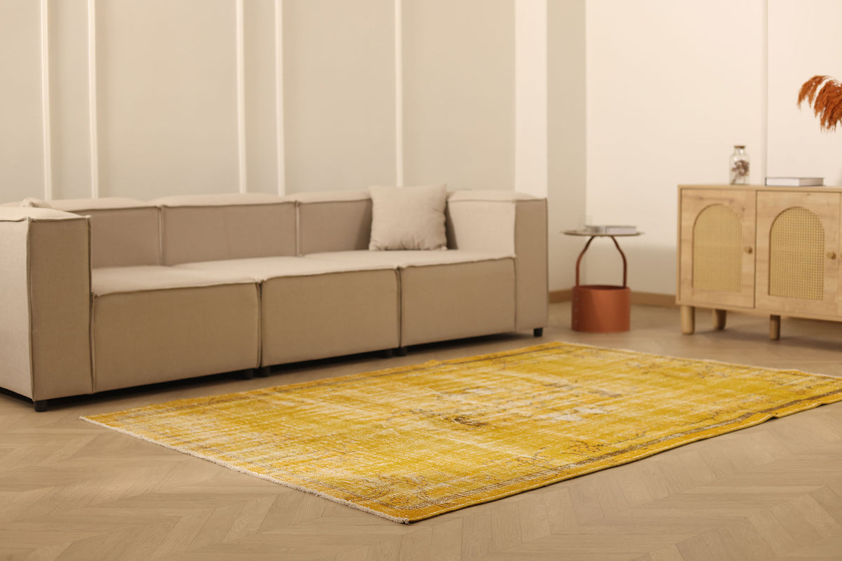 Vintage Manisa Turkish Area Rug 5x8 ft — Yellow & Brown Distressed