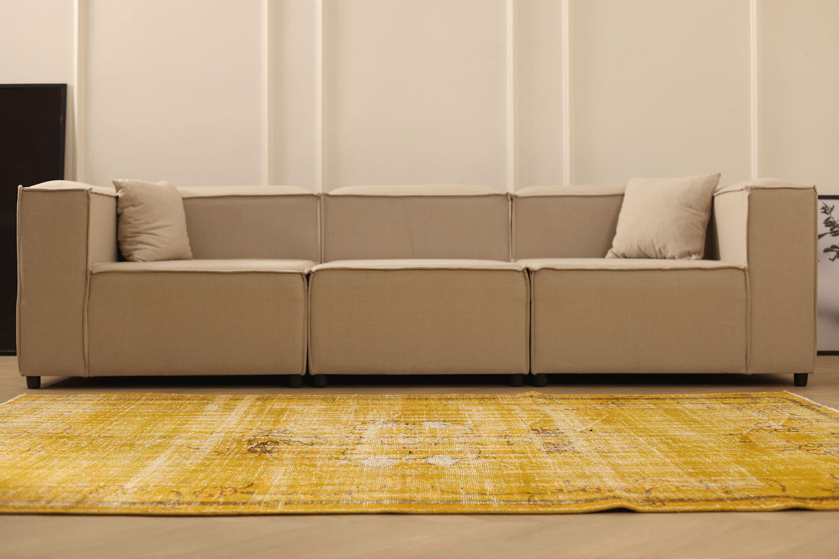 Vintage Manisa Turkish Area Rug 5x8 ft — Yellow & Brown Distressed