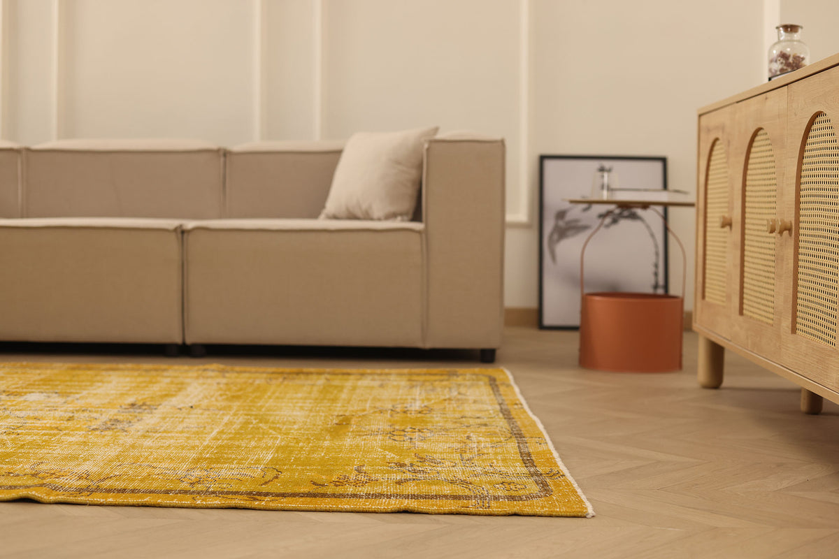 Vintage Manisa Turkish Area Rug 5x8 ft — Yellow & Brown Distressed