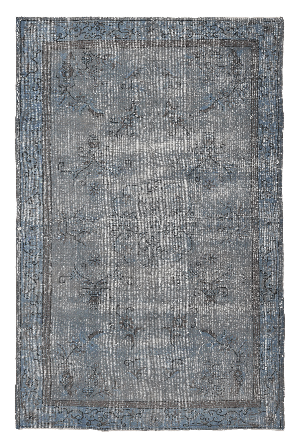 Vintage Isparta Turkish Area Rug 5x8 ft — Gray & Blue Overdyed