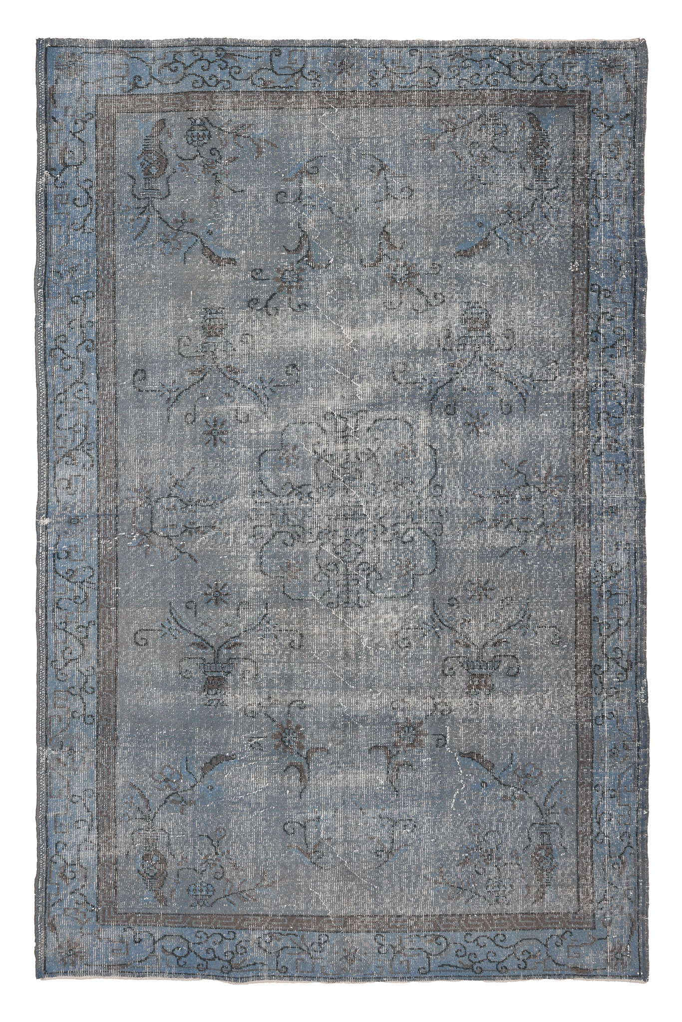 Vintage Isparta Turkish Area Rug 5x8 ft — Gray & Blue Overdyed