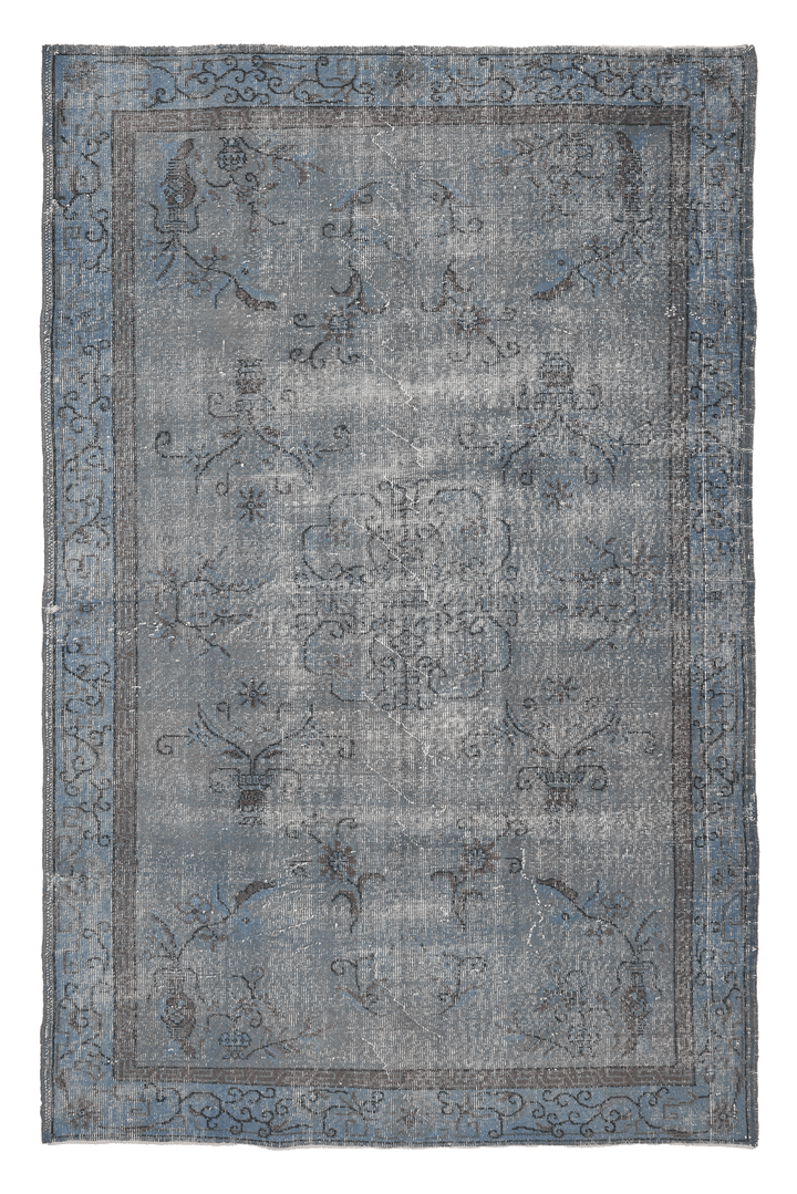 Vintage Isparta Turkish Area Rug 5x8 ft — Gray & Blue Overdyed