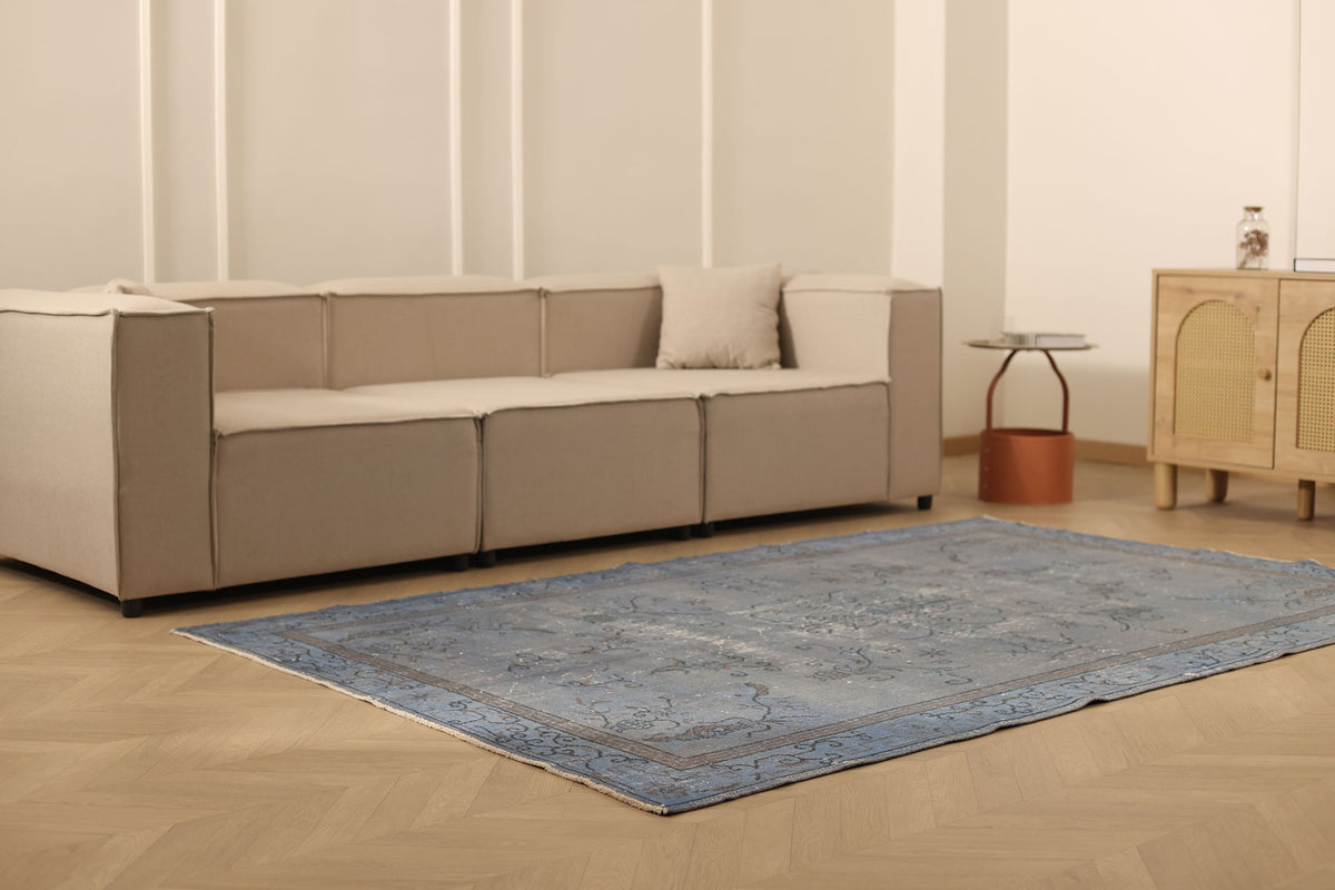 Vintage Isparta Turkish Area Rug 5x8 ft — Gray & Blue Overdyed
