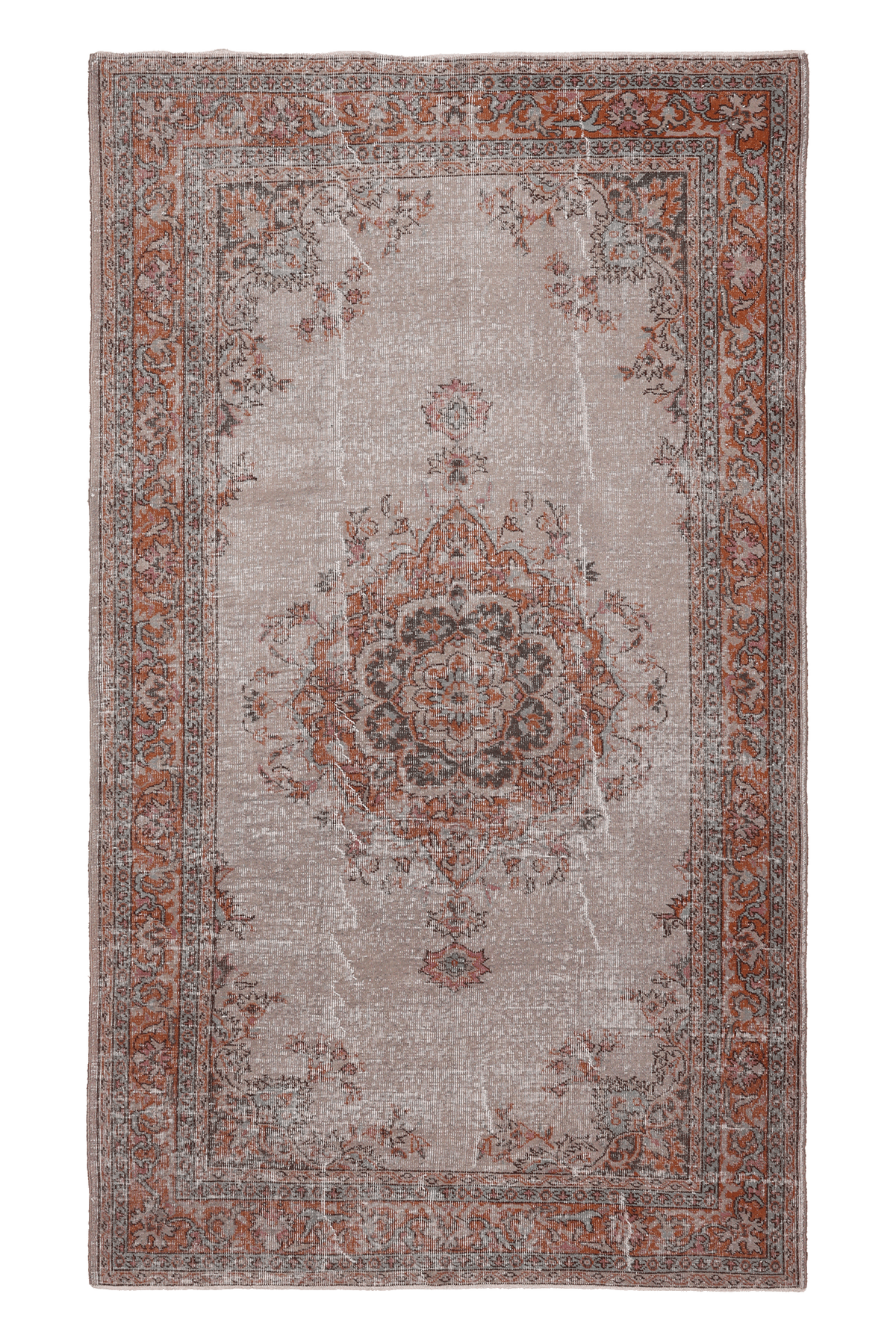 Vintage Isparta Turkish Area Rug 5x8 ft — Beige & Orange Floral