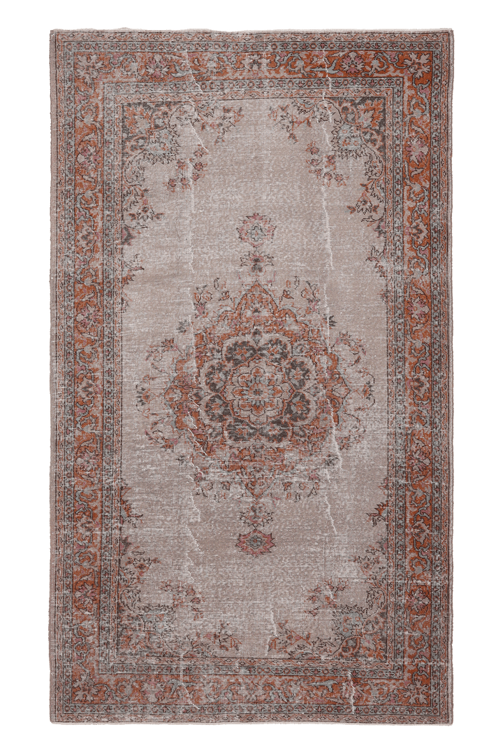 Vintage Isparta Turkish Area Rug 5x8 ft — Beige & Orange Floral