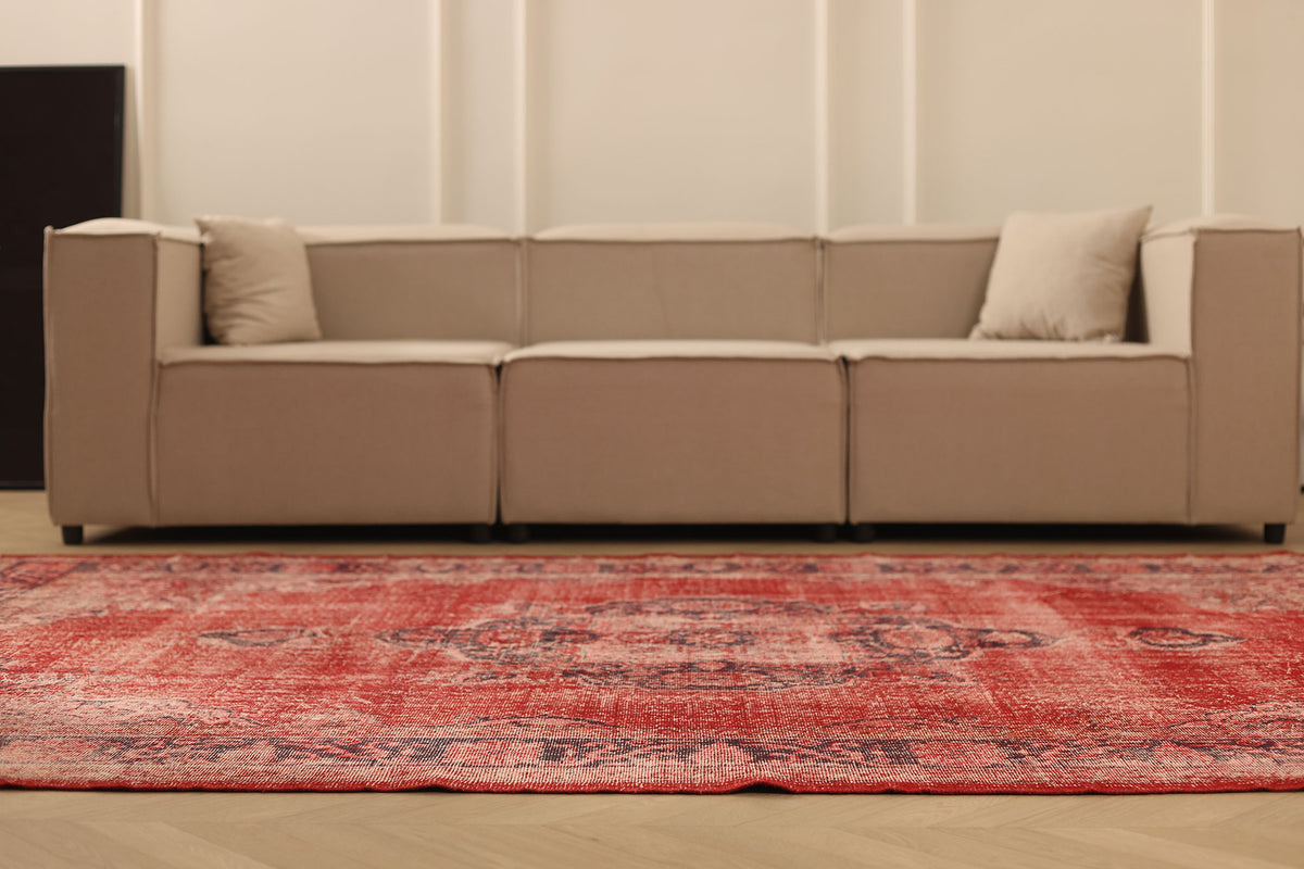 Vintage Isparta Turkish Area Rug 6x9 ft — Red & Gray Overdyed
