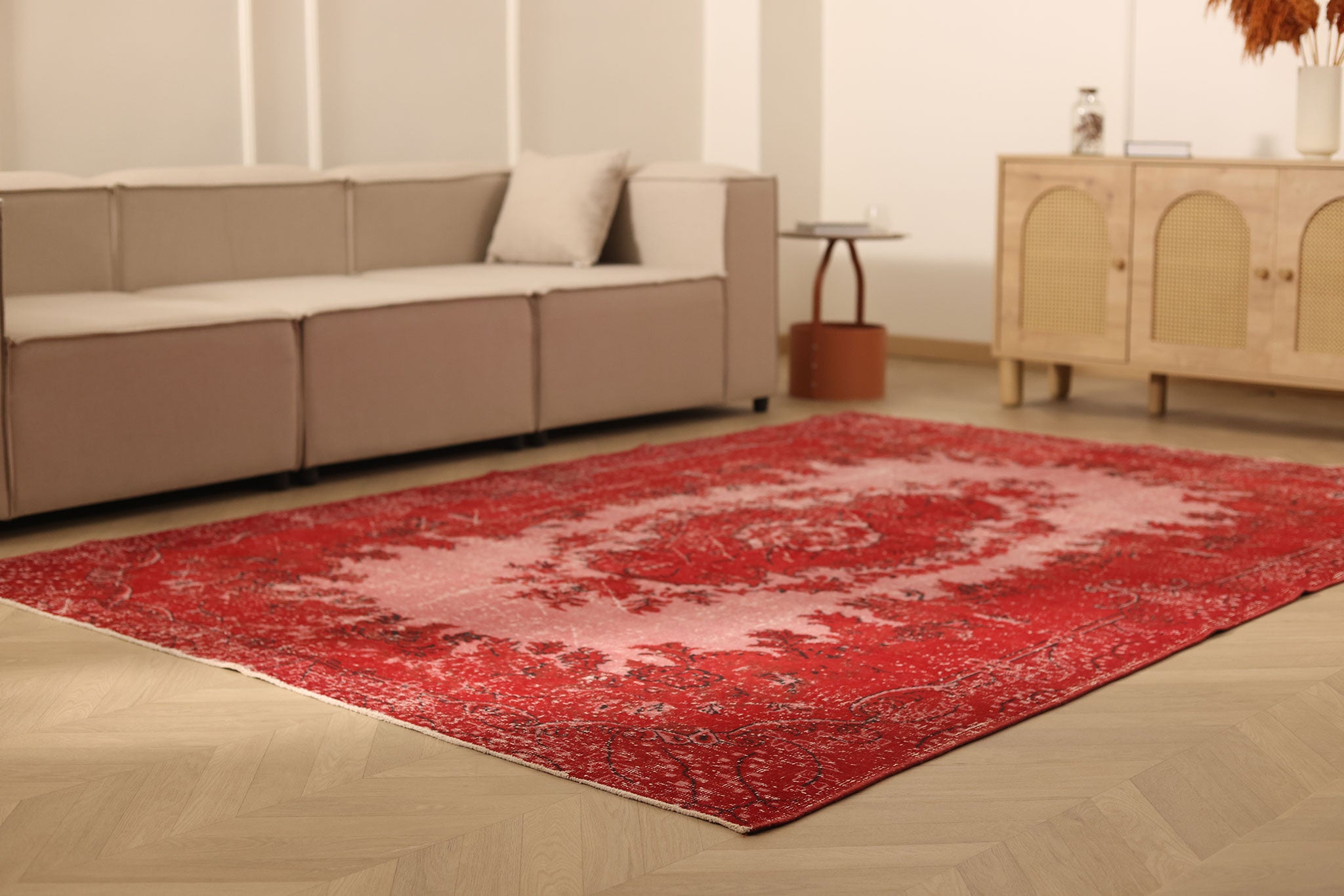 Vintage Isparta Turkish Area Rug 6x9 ft — Red & Pink Overdyed