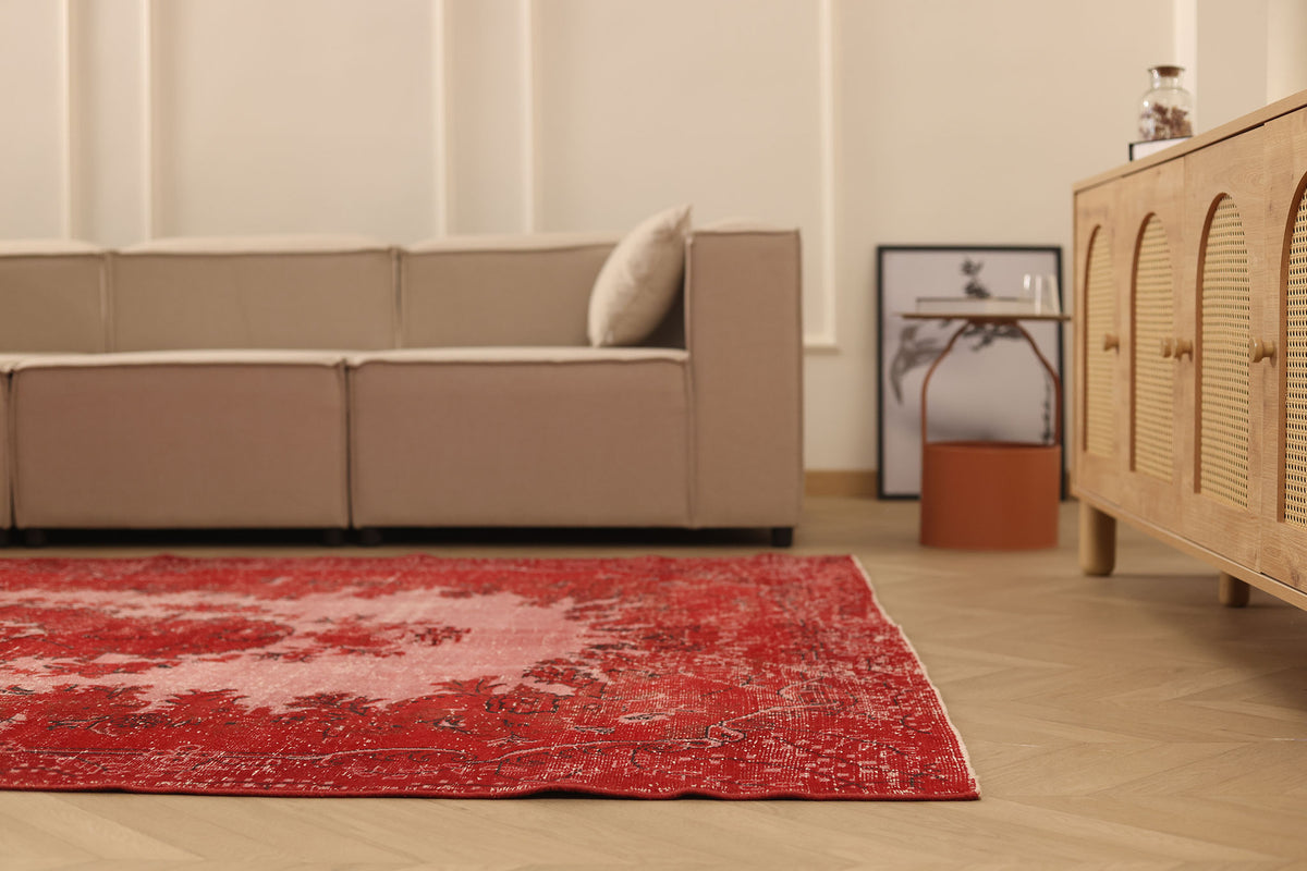 Vintage Isparta Turkish Area Rug 6x9 ft — Red & Pink Overdyed
