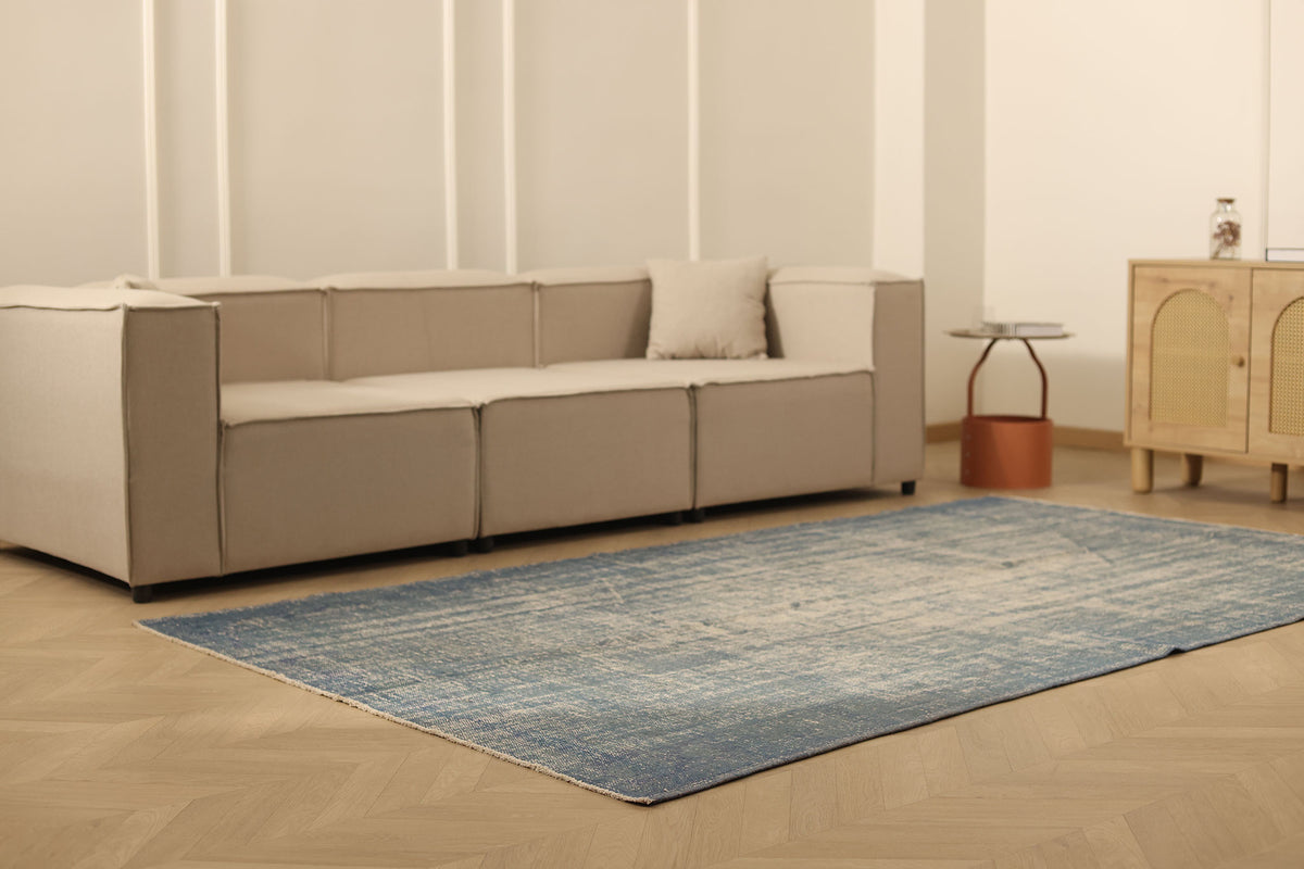 Vintage Manisa Turkish Area Rug 5x9 ft — Blue & Gray minimalist