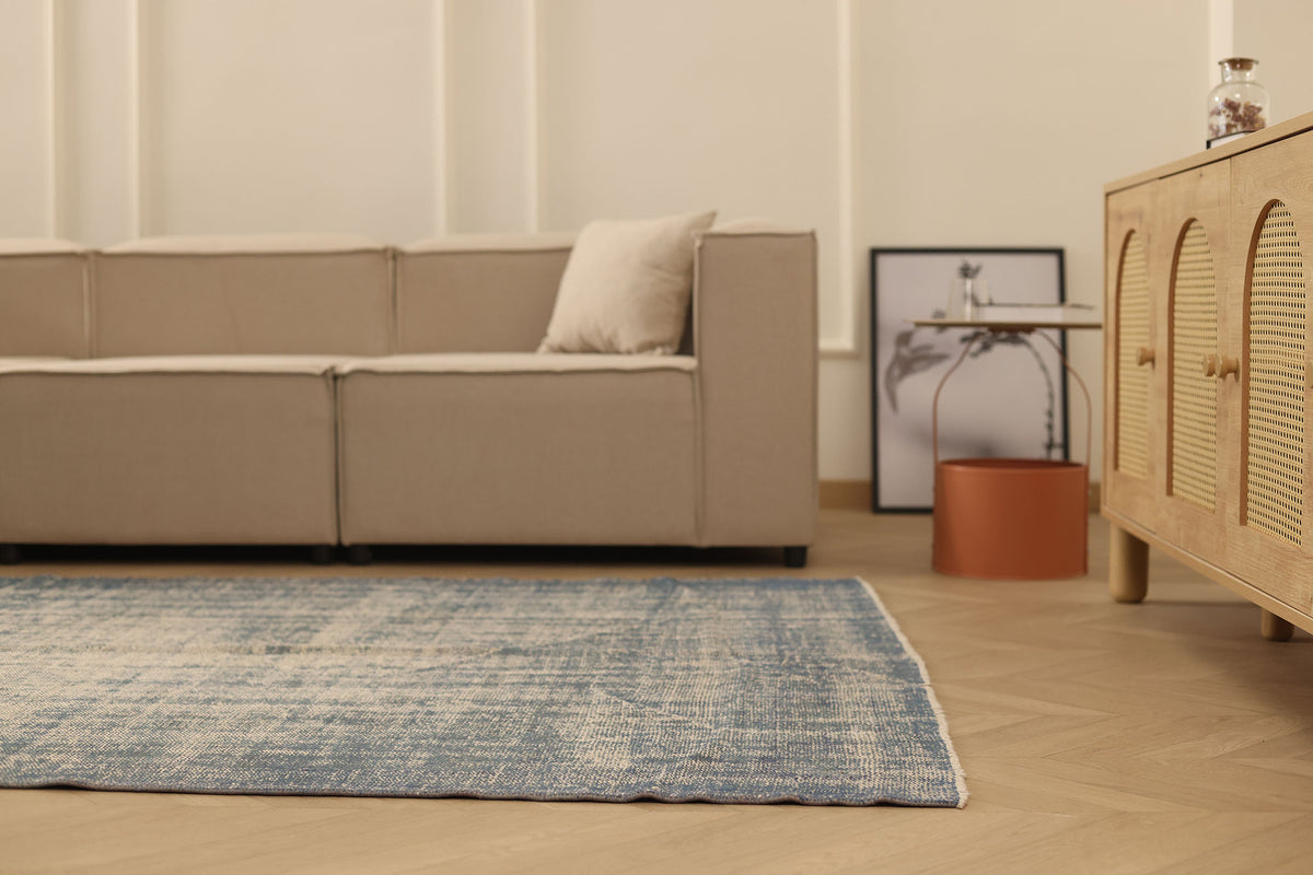 Vintage Manisa Turkish Area Rug 5x9 ft — Blue & Gray minimalist