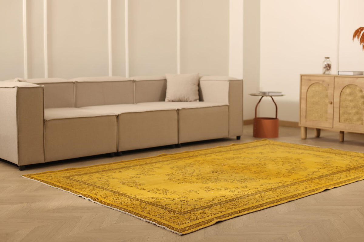 Vintage Isparta Turkish Area Rug 6x9 ft — Yellow & Brown Floral