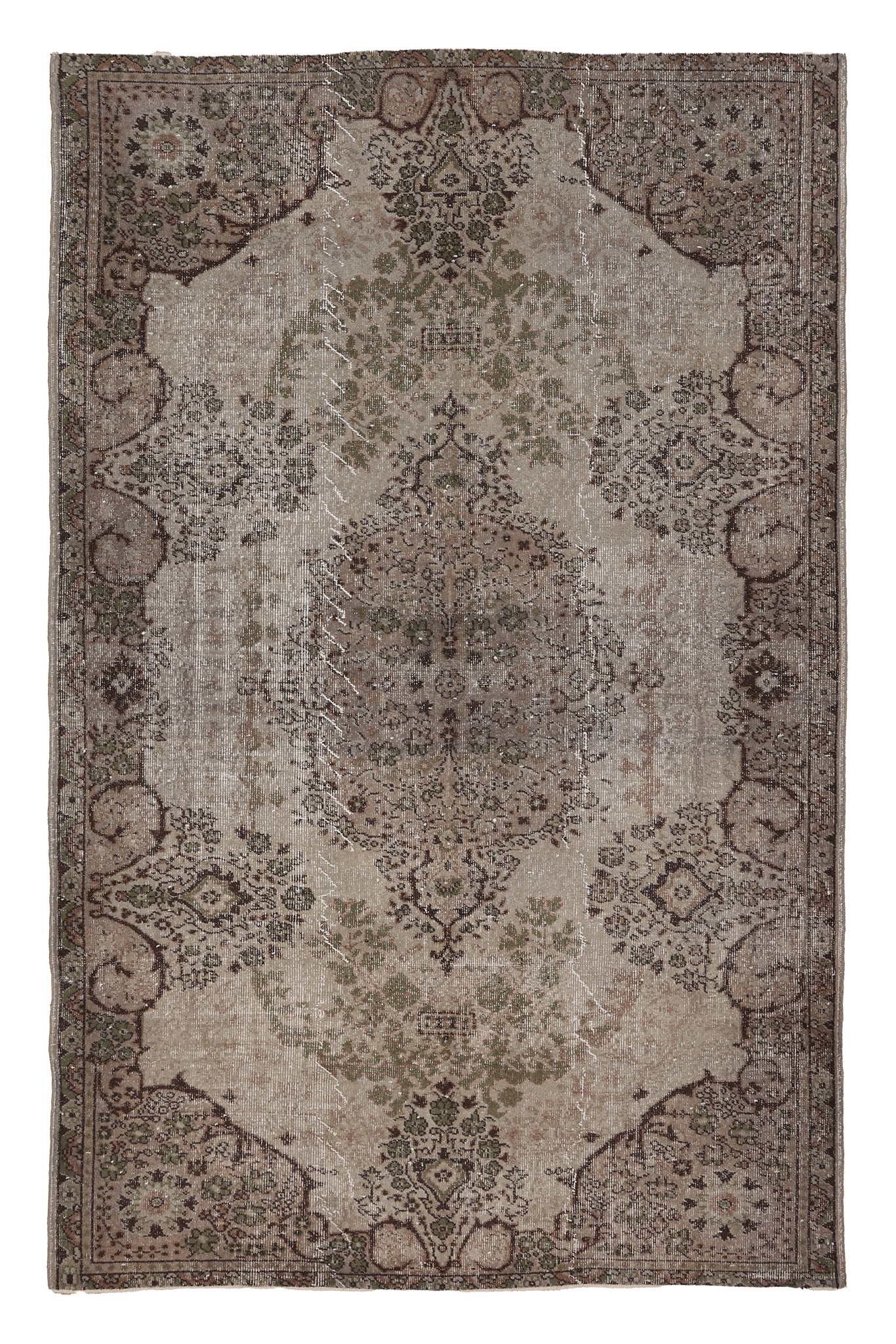 Vintage Isparta Turkish Area Rug 5x8 ft — Beige & Green Floral (No. 39575)