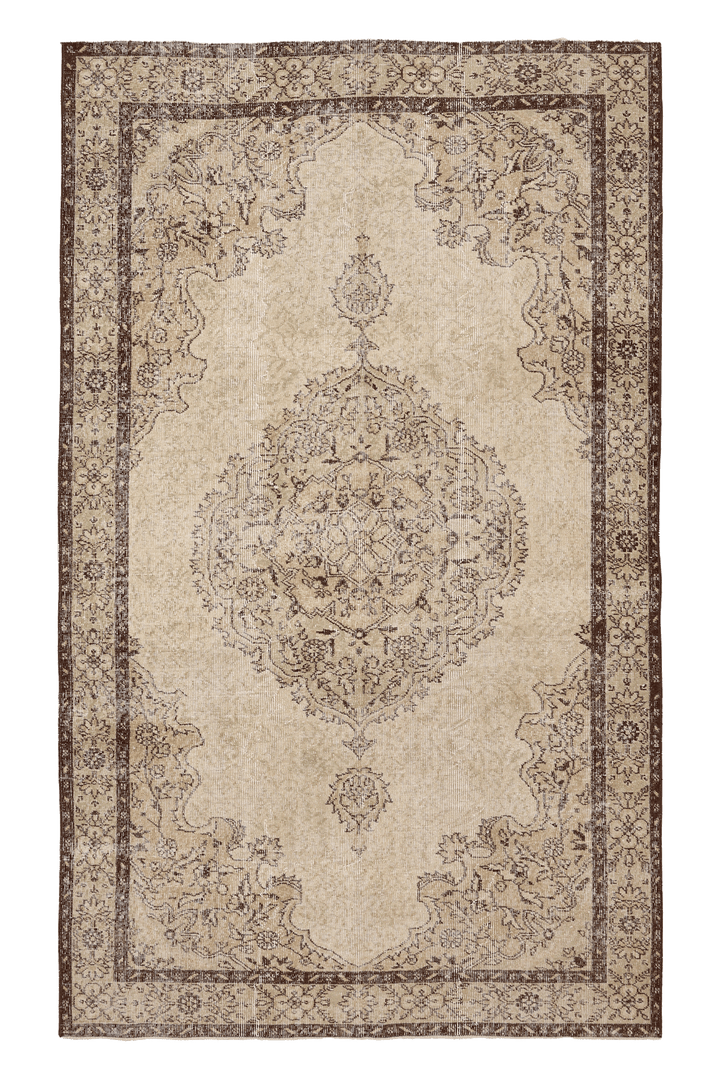 Vintage Isparta Turkish Area Rug 5x8 ft — Beige & Brown Floral (No. 39576)