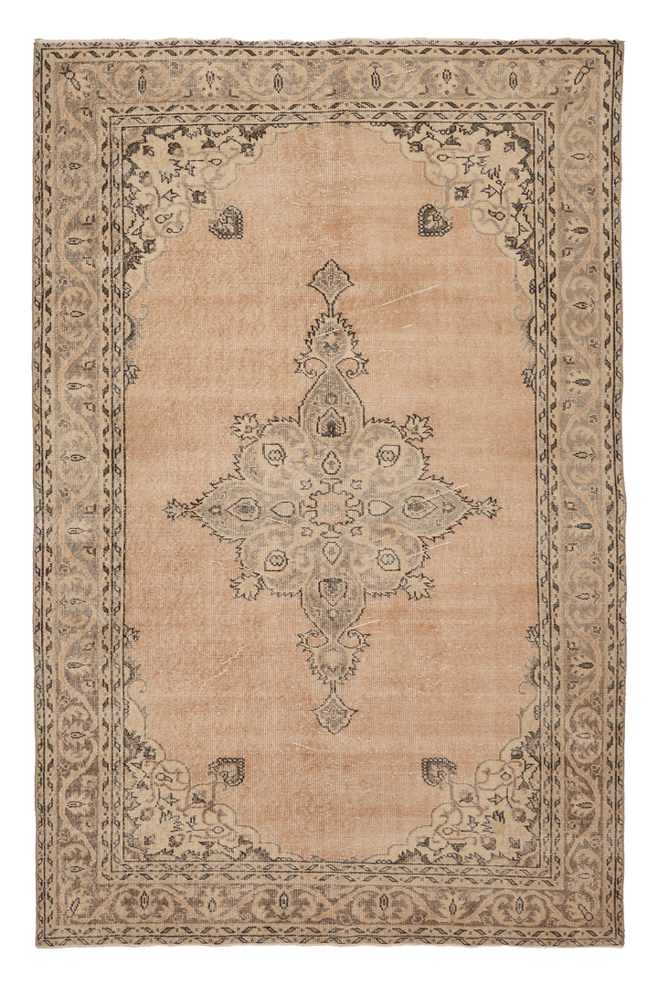 Vintage Isparta Turkish Area Rug 6x9 ft — Beige & Brown Floral (No. 39577)