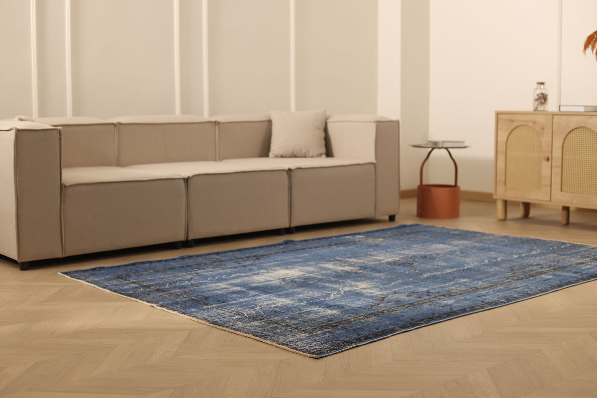 Vintage Isparta Turkish Area Rug 6x8 ft — Blue & Gray Overdyed