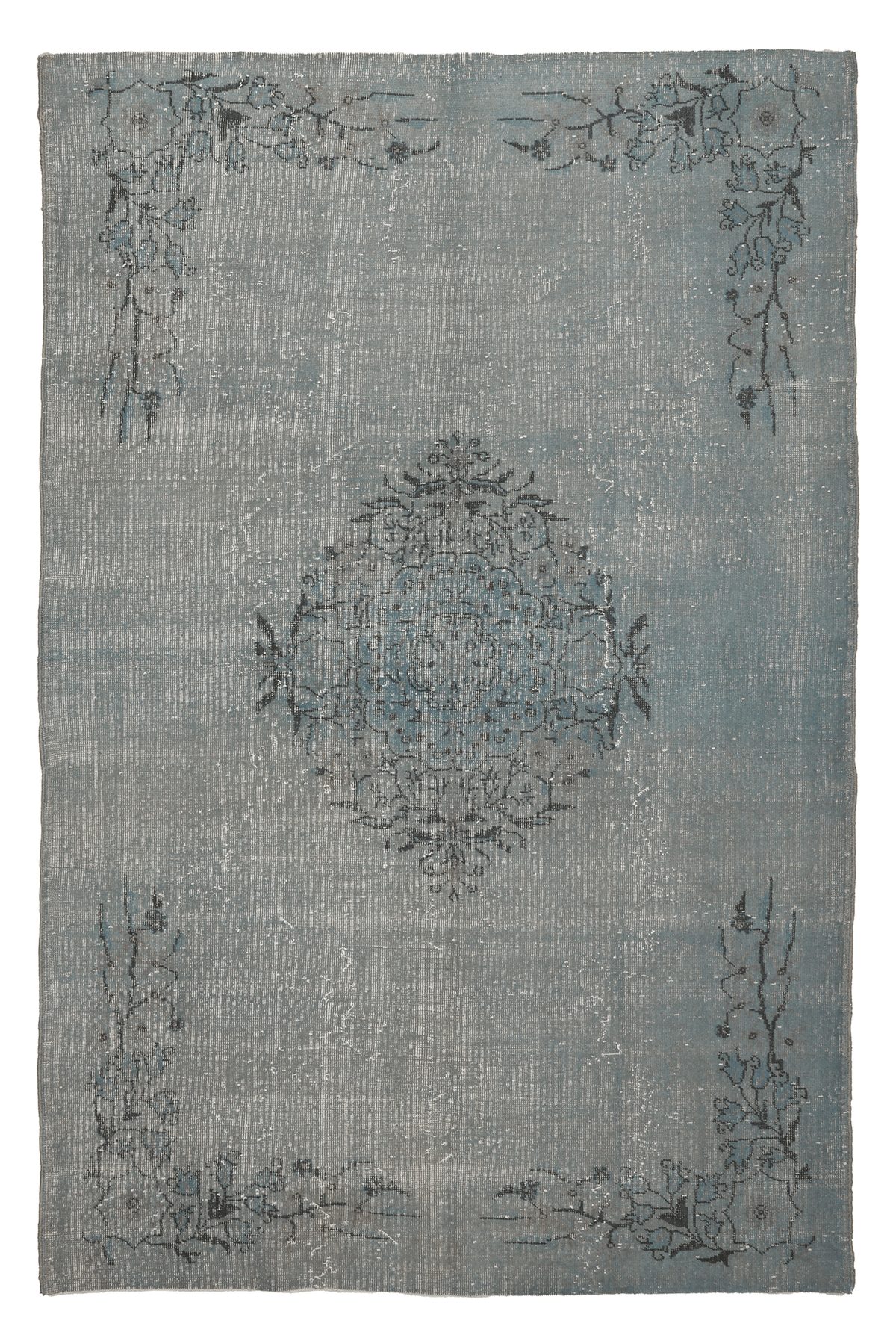 Vintage Isparta Turkish Area Rug 5x8 ft — Blue & Gray Floral
