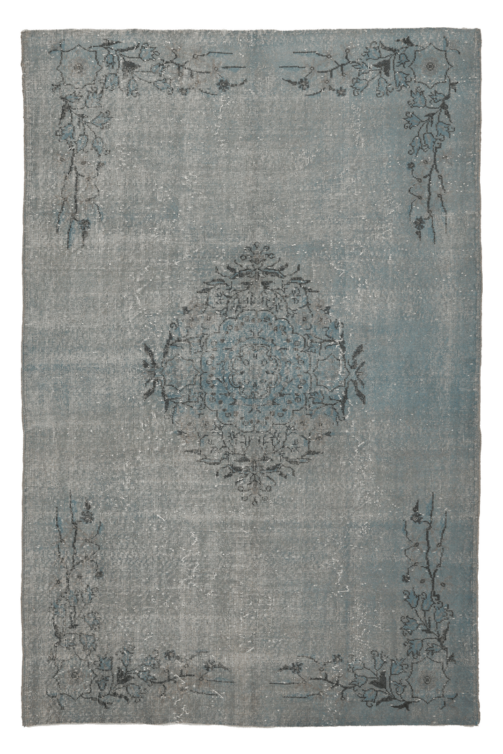 Vintage Isparta Turkish Area Rug 5x8 ft — Blue & Gray Floral