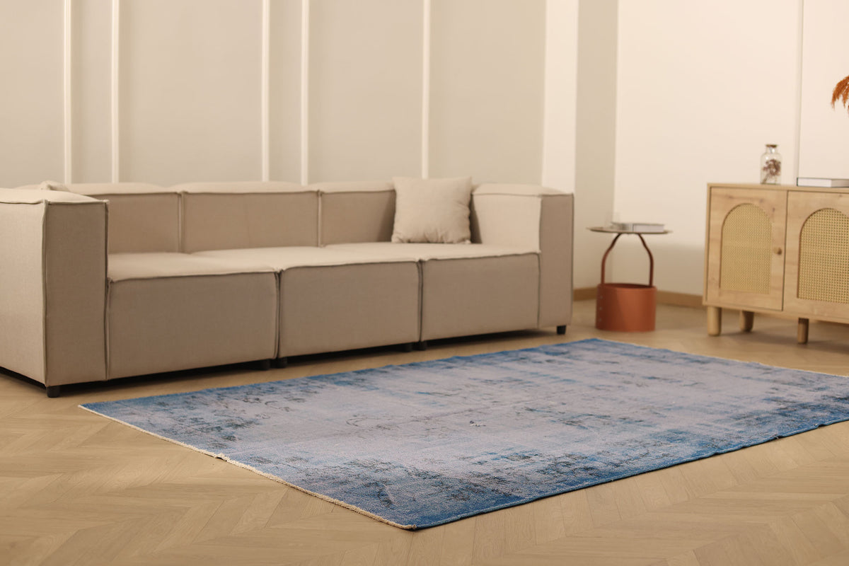Vintage Manisa Turkish Area Rug 5x8 ft — Blue Overdyed