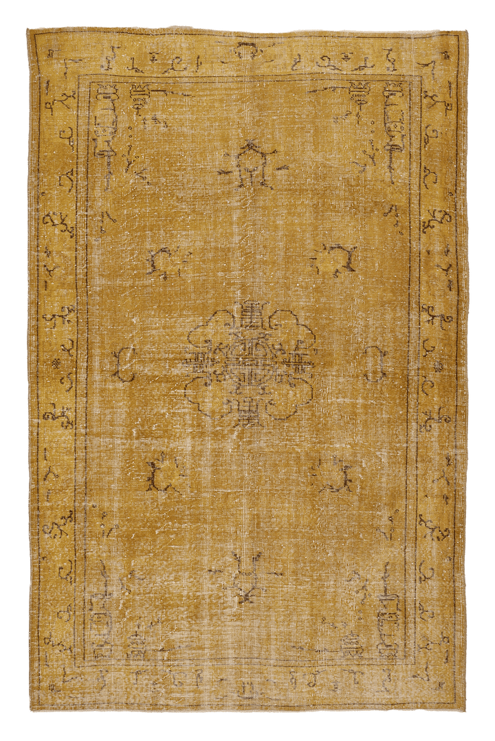 Vintage Isparta Turkish Area Rug 5x8 ft — Yellow & Brown Distressed